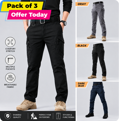 Pack of 3 Offer 😍 Men’s Premium Multi-Purpose Tactical Cargo Pants | Black, Blue & Grey